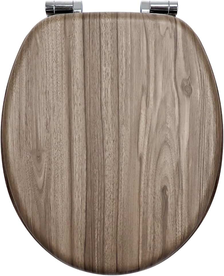 WC-Sitz mit Absenkautomatik, Toilettendeckel aus stabilem MDF-Holzkern, Verstellbare Scharniere aus Zinklegierung (Befestigung von unten), Standard O-Form, Pflegeleicht (jhe138-1-01)