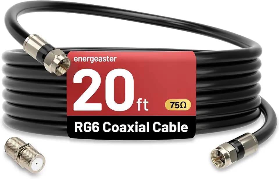 energeaster 20FT RG6 Coaxial Cable with F-Type Connector, Black Coax Cable