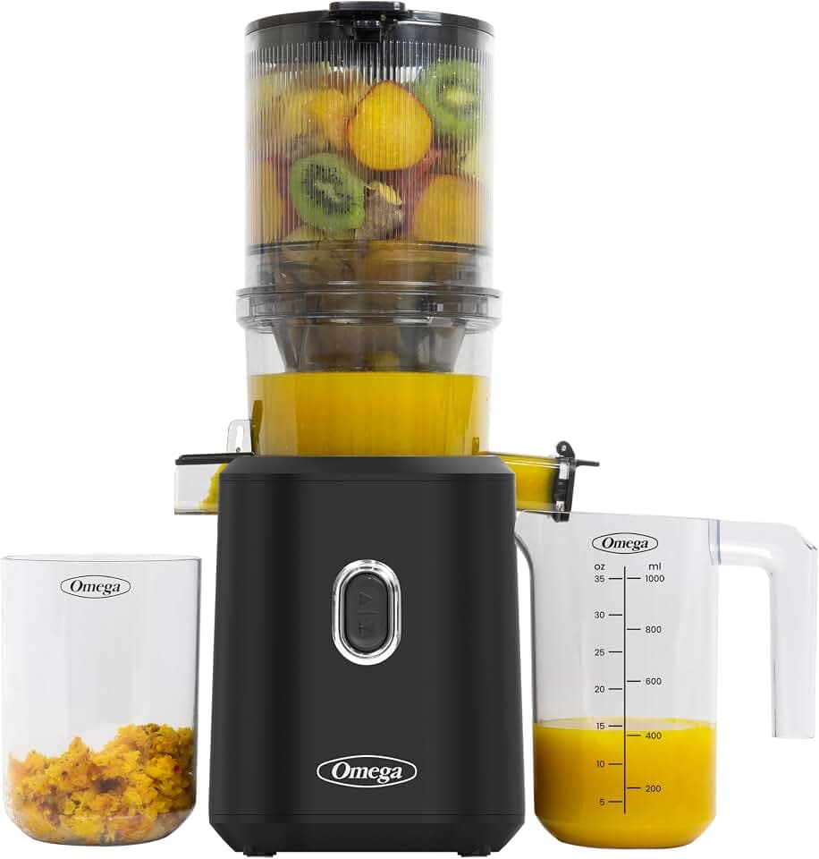 Omega Cold Press Juicer – Hands Free Juicer Machine for Vegetables and Fruits with Wide Mouth Hopper for Whole Recipe Juicing, Slow Masticating, Time Saving Series, Easy to Clean, 150-Watt Motor
