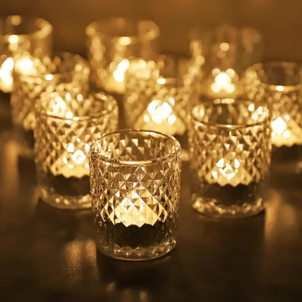 Diamant-Teelichthalter aus Glas, Set mit 12 Stück, klare Teelichthalter aus Glas für Raumdekoration, klare Teelichthalter aus Glas für festliche Dekoration, Hochzeit, Geburtstagsparty (5,5