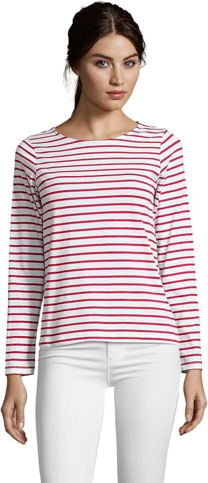 Sols Damen Marine T-Shirt, gestreift, langärmlig