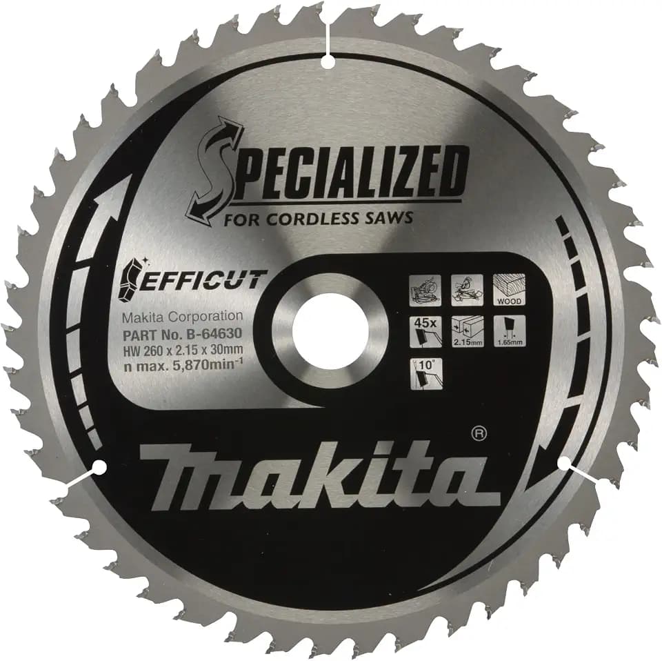 Makita B-64630 EFFICUT Kreissägeblatt Ø 260 x 2,15 x 30 mm, 45 Zähne, 10° Zahnwinkel, für saubere und schnelle Schnitte in Holz, für Akku-Handkreissägen und Akku-Kappsägen