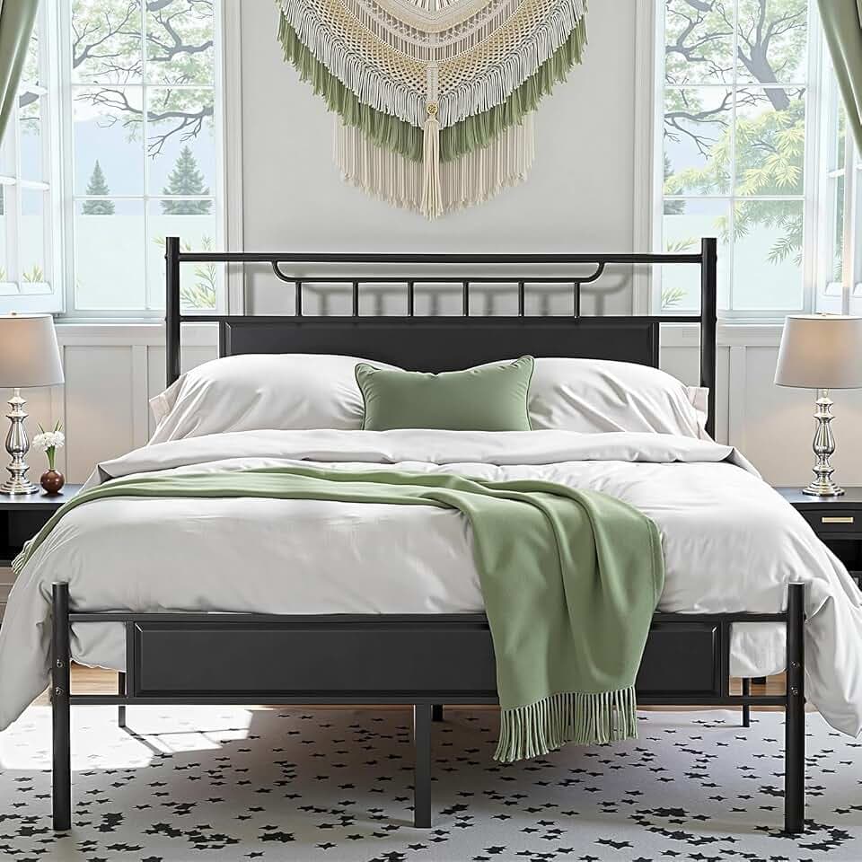 VECELO Bettgestell, 140 x 190 cm, mit Kopfteil aus Holz, Lattenrost aus stabilem Metall, Aufbewahrung unter dem Bett, einfache Montage, leise, Schwarz
