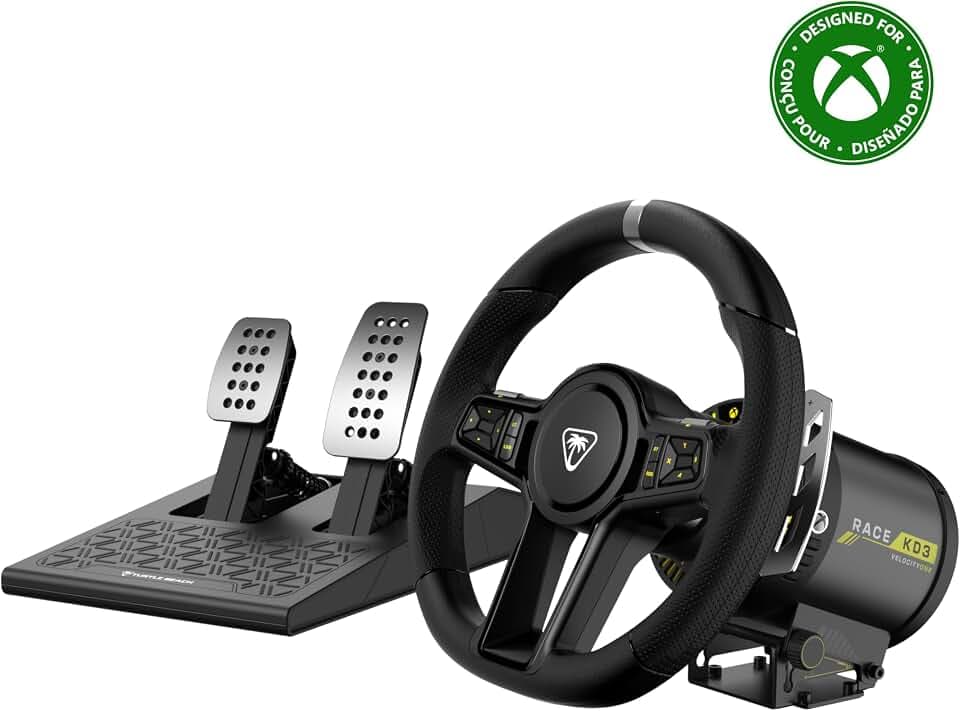 Turtle Beach VelocityOne Race KD3 Direct-Drive-Rennlenkrad für XBOX & PC | Schwarz, 3,2 Nm Force-Feedback-Lenkrad-/Pedalsystem für XBOX Series X|S/XBOX One/PC, magnetische Hall-Effect-Wippen & -Pedale