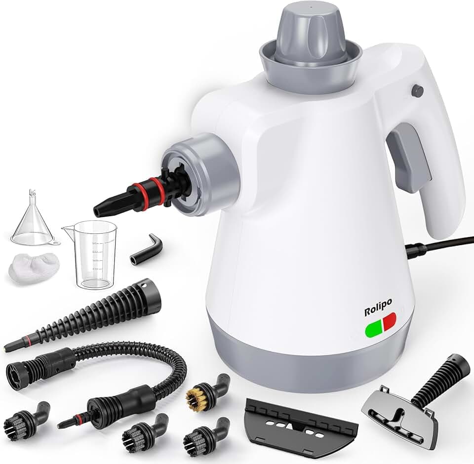 Rolipo Dampfreiniger Handgerät mit 12-Teiligem Zubehör, 1050W Steam Cleaner für Haushalt, Küche, Bad, Fenster, Polster & Auto–100% Chemiefrei, Hochdruck-Dampf gegen Schmutz Fett & Bakterien