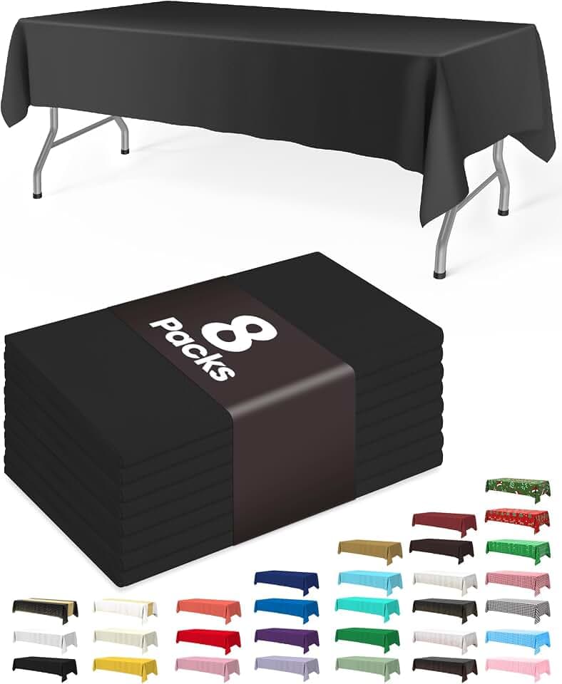 Pureegg Plastic Table Cloth Disposable 8 Pack, 54 x 108 Inch Table Cloths, Graduation Decorations Class of 2025, Graduation Party Tablecloths, Rectangle, Plastic Cover, Leakproof & Sturdy, Black