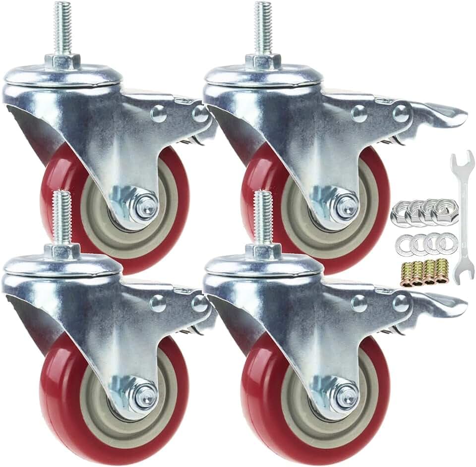 Swivel Stem Casters, Heavy Duty Double-Locking Castors with Red PU Wheels Quiet and No Marking with Metric Thread M10-1.5x25mm Heavy Load Wheels Casters Pack of 4