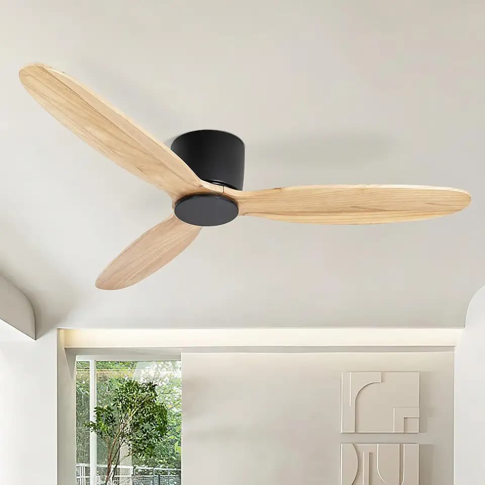 52 Inch Natural Wood Ceiling Fan No Lights, Low Profile Flush Mount