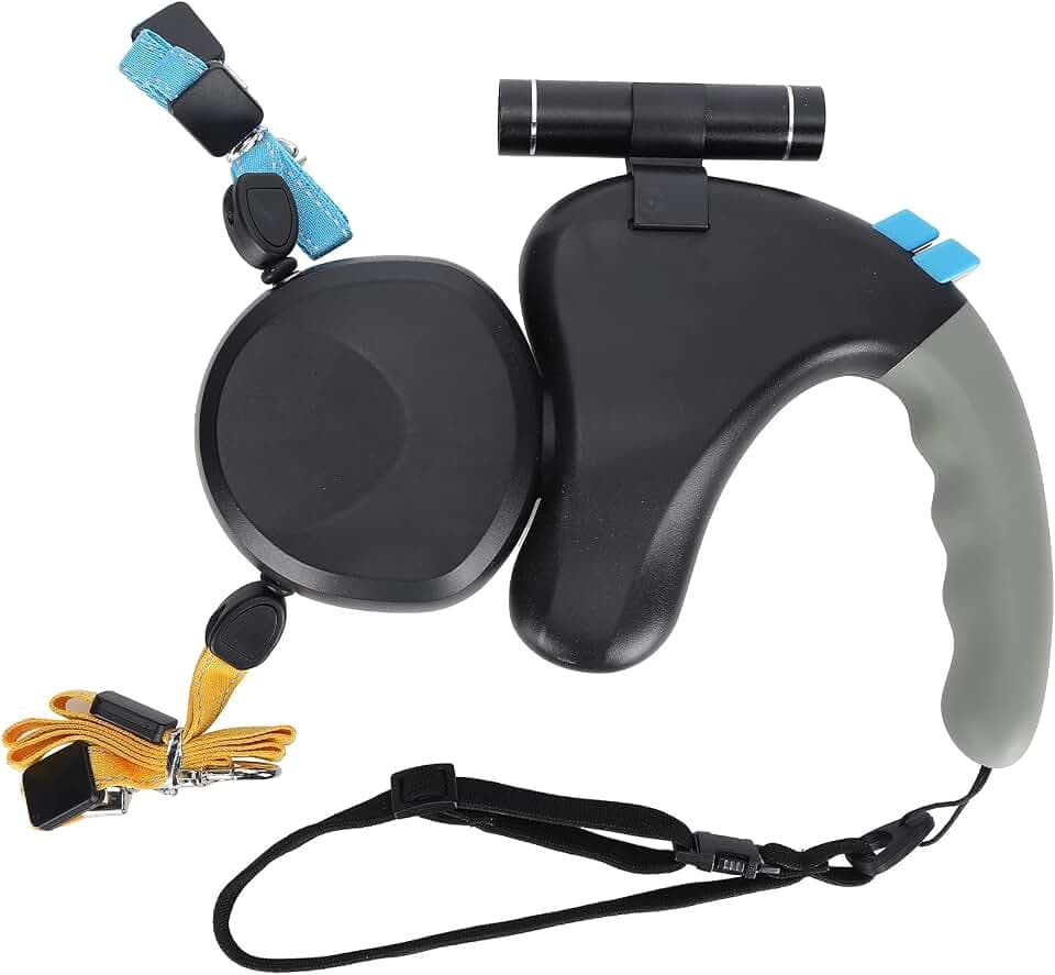 Jiawu Doppelte Hundeleine, einziehbare Hundeleine mit LED-Licht für für 2 Hunde bis 10kg, abschließbare, ausziehbare Haustierleine mit doppeltem Kopf und 9,8 Fuß verstellbarem Seil, 360 °(Schwarz)