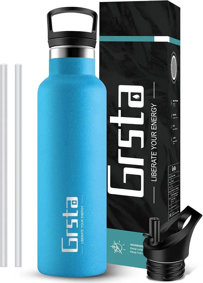 Grsta Fahrradflasche Edelstahl, Trinkflasche Sport, Auslaufsicher, Isolierflasche, Trinkflasche mit Strohhalm, Thermoskanne Tee, Fahrrad Trinkflasche, Thermoskanne mit Teesieb,Getränkeflasche,Schule