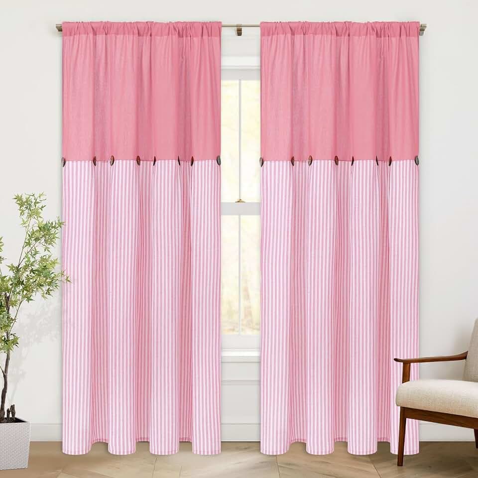 ASPMIZ Cotton Linen Pink Curtains for Girls Living Room, Rod Pocket & Back Tab Boho Curtains for Bedroom, Country Farmhouse Striped Curtain with Rustic Buttons, Home Decor, 52 x 84 Inch, 2 Panels