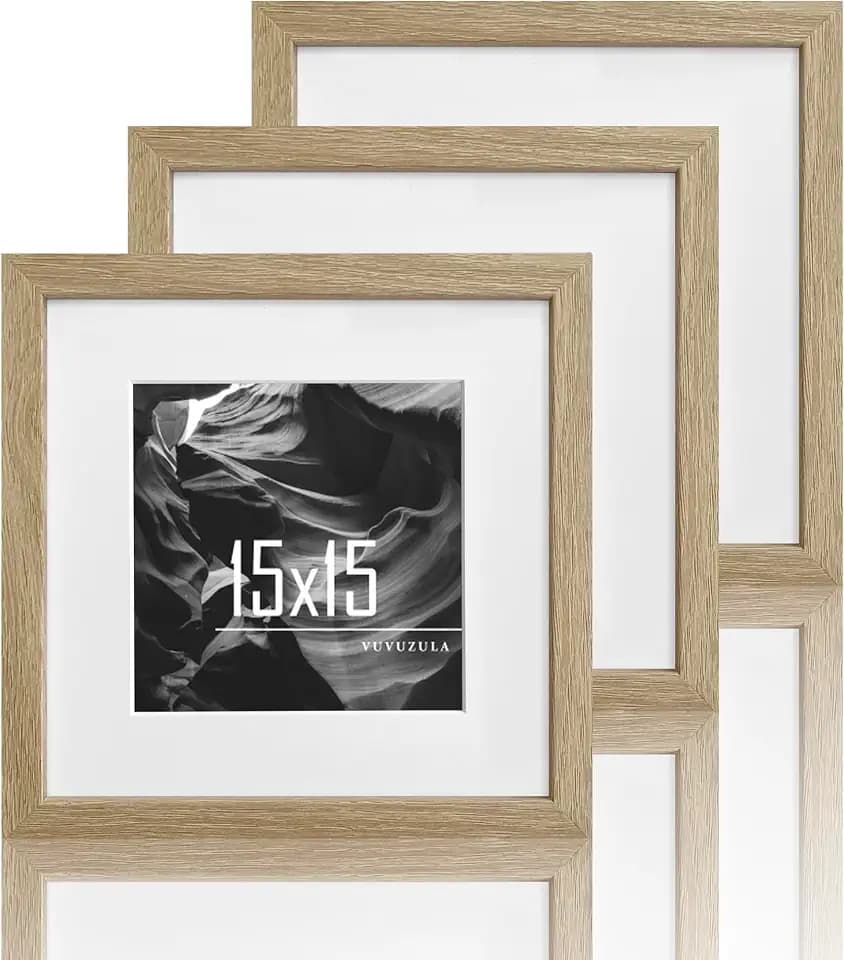 VUVUZULA Bilderrahmen 15x15cm Holz Holzrahmen 3er Set Eiche Quadratisch Fotorahmen MDF Rahmen mit Passepartout 10x10cm Natur