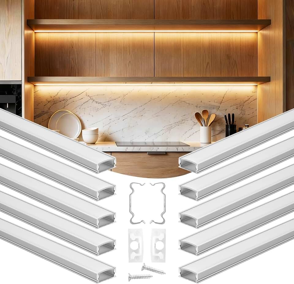 VEVOR LED Profil 10er-Pack 1 m, Eloxierte Aluminiumprofile mit Milchiger Abdeckung, Endkappen & Befestigungsclips, Kanäle, Diffusor für LED-Streifen, Ideal für Unterbau-Arbeitsplatten, U-Form