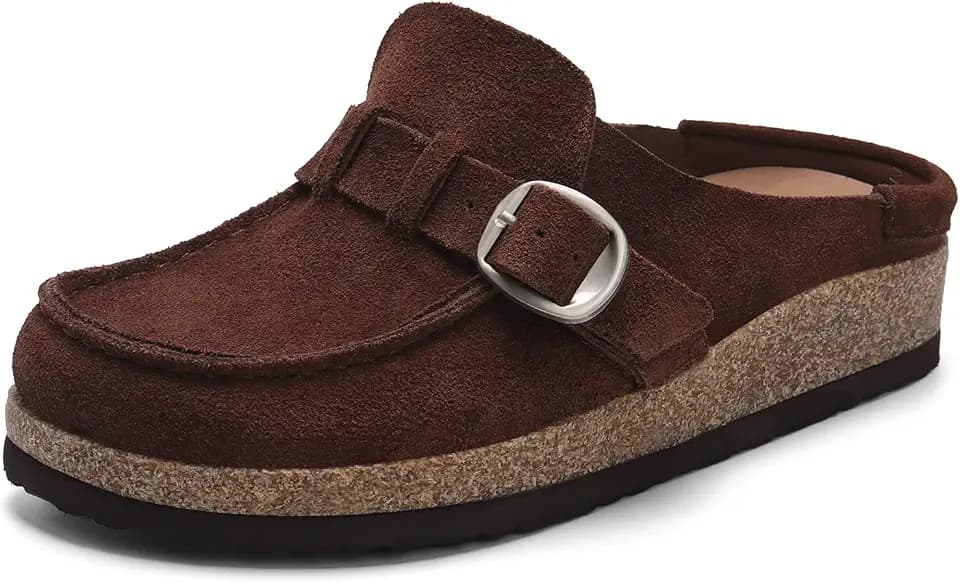 OKOMO Genuine Suede Mules for Women Non-Slip Casual Leather Moccasin Clogs Durable Slip on Mules Comfortable Clogs Shoes for Women