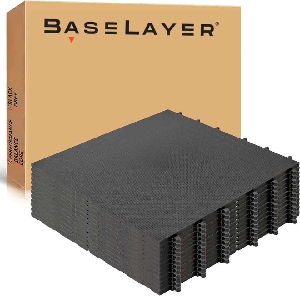 Baselayer Performance Series Interlocking Floor Tiles - Durable ½ in TPE (Rubber Like, NOT Foam, no Odor) - Gym Flooring for Weights & Heavy Equipment - Black, 30 SqFt (12 Pack) - Made in USA
