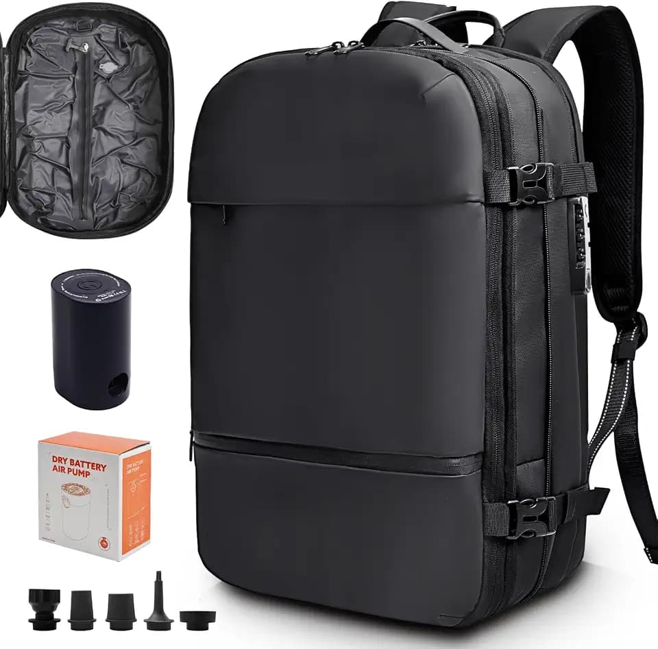 KINGSLONG Vakuum Rucksack Laptop Handgepäck: Herren Reiserucksack Flugzeug 17 Zoll PC Wasserdicht Backpack 60L Erweiterbarer Vakuum Tasche mit Pumpe und Sperre für Travel Männer Business Schwarz