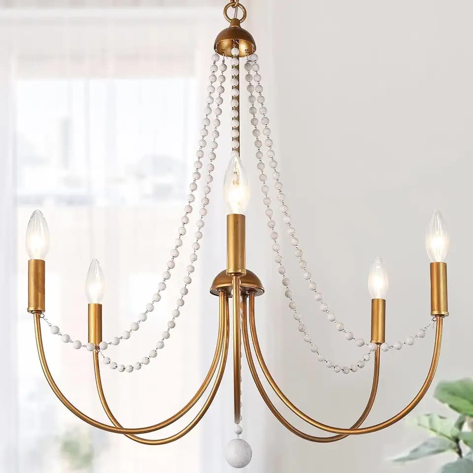 KSANA Antique Brushed Gold Chandeliers, Modern 5-Light Dining Room Chandelier Light Fixture with Wood Beads for Kitchen Island, Bedroom and Living Room