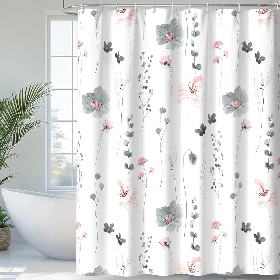 QIYI Watercolor Floral Shower Curtain, Flowers Print Minimalist Bathroom Curtain, Machine Washable Spring Modern Shower Curtain, Waterproof Fabric Shower Curtain Set with Hooks, 72 x 84, Charcoal Grey