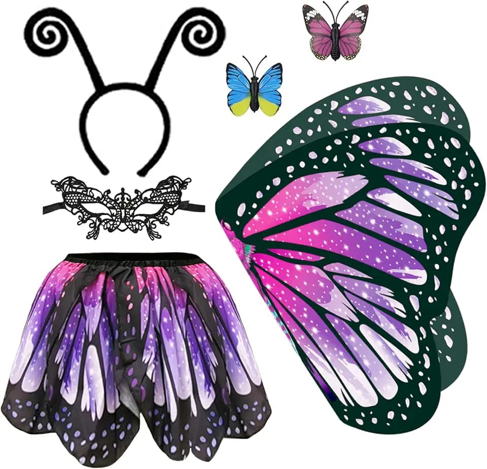 5 Stück Kostüm Kinder Schmetterling Mädchen Schmetterlingsflügel - Doppelseitiger Druck Schmetterling Umhang Flügel Cape mit Tutu Rock Haarreif Gesichtsmaske für Karnevel Fasching Kostüm