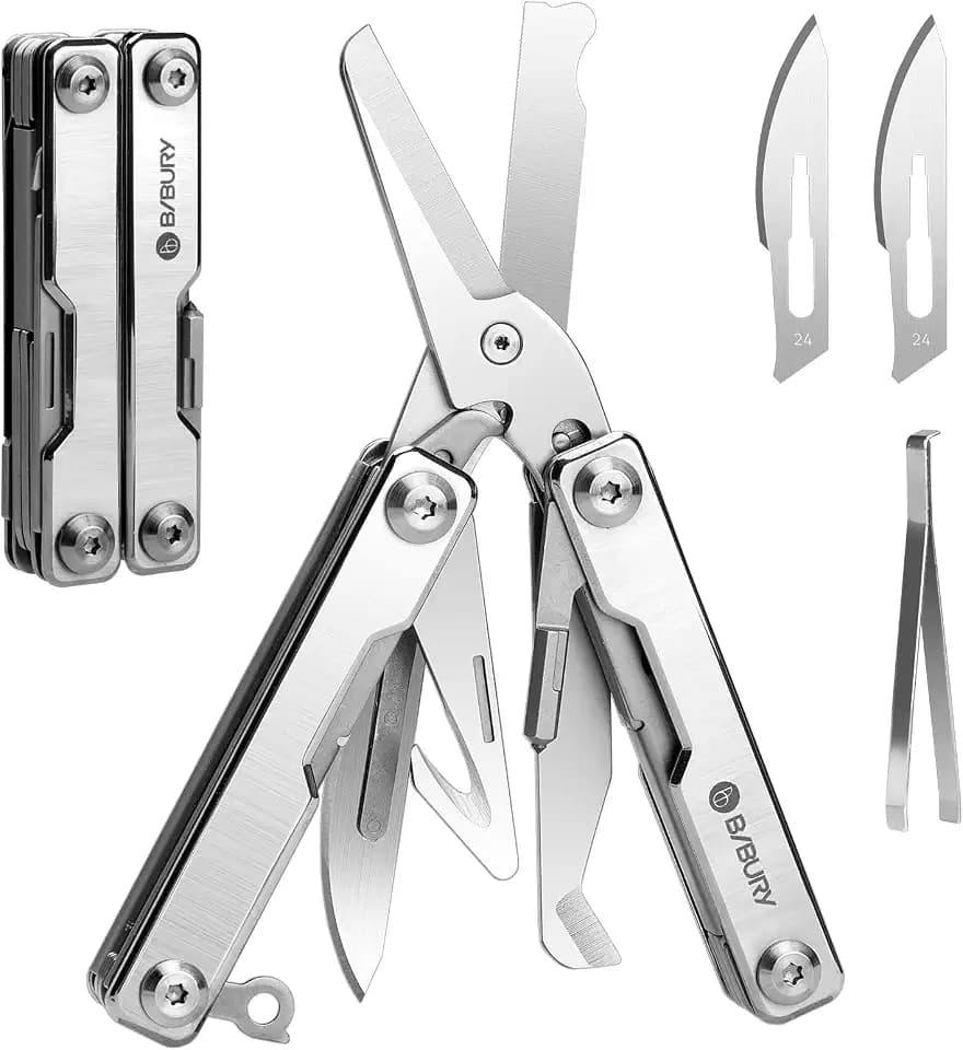 BIBURY Mini Scissors Tools, 8 in 1 Schere EDC Multitools Mit Schlüsselring Glasbrecher Gurtschneider, Edelstahl Outdoor Camping Multi Tool mit Unsichtbare Pinzette Geschenke für Frauen Männer