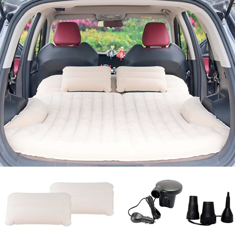 KMZ Auto Matratze, 2 Kissen Auto Luftmatratze, Doppelseitige Verdickte Beflockung Automatratze Camping Aufblasbaren Autobett für Kofferraum Rückbank