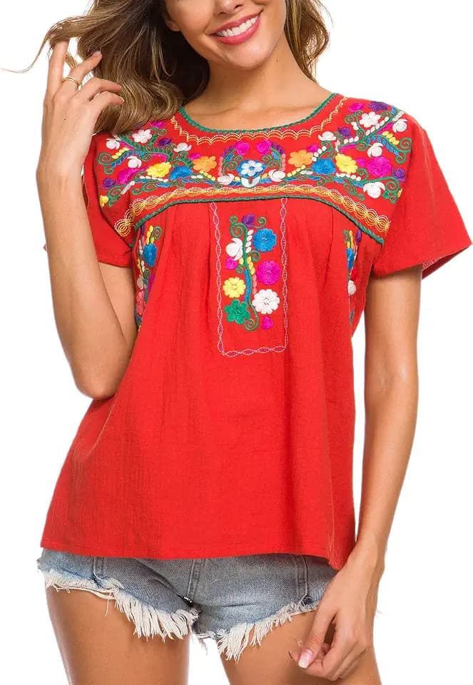 YZXDORWJ Women's Embroidered Mexican Peasant Blouse Mexico Summer Shirt Short Sleeve