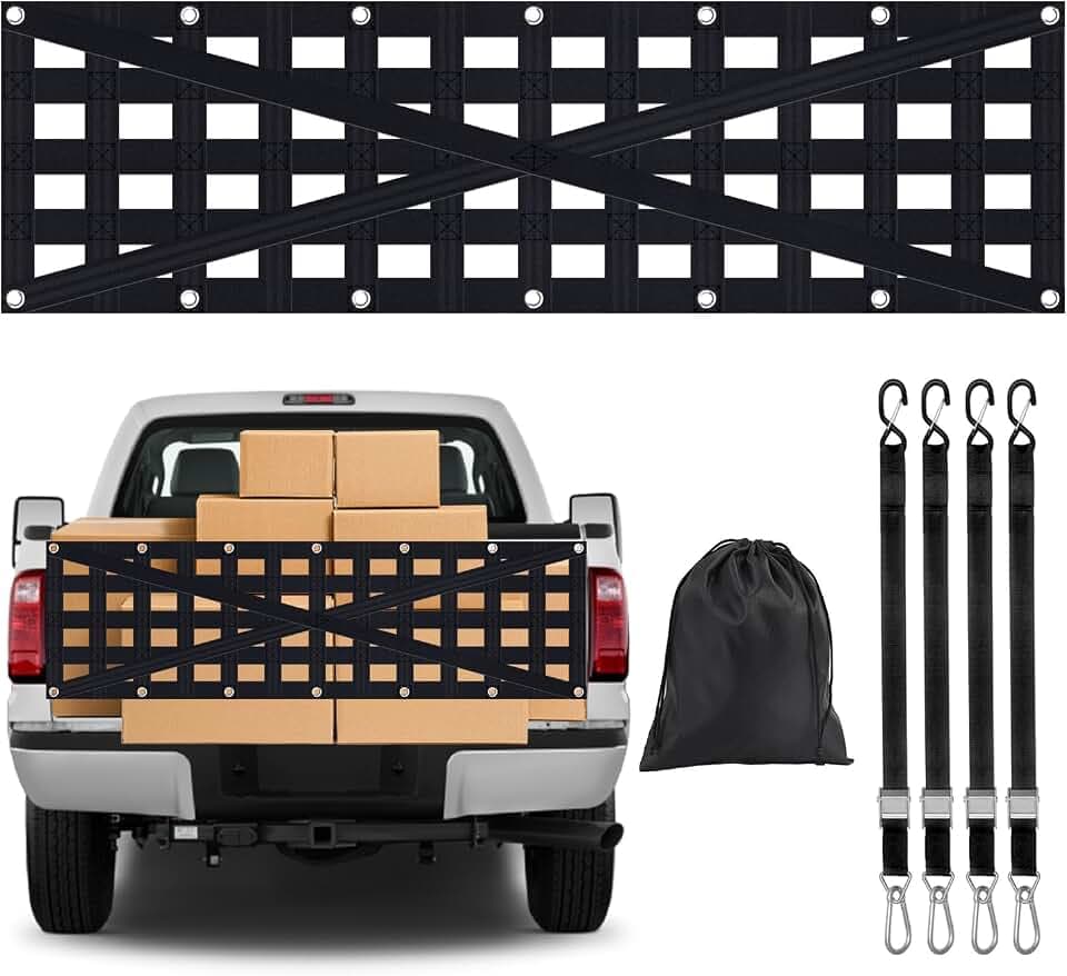 Heavy Duty Tailgate Net for Truck Bed, Cargo Net Durable Truck Bed Extender Tailgate Cargo Net with 4 Adjustable Buckle Straps, Fit for Trailer, Pickup, Boat, Jeep, SUV(60"x18")