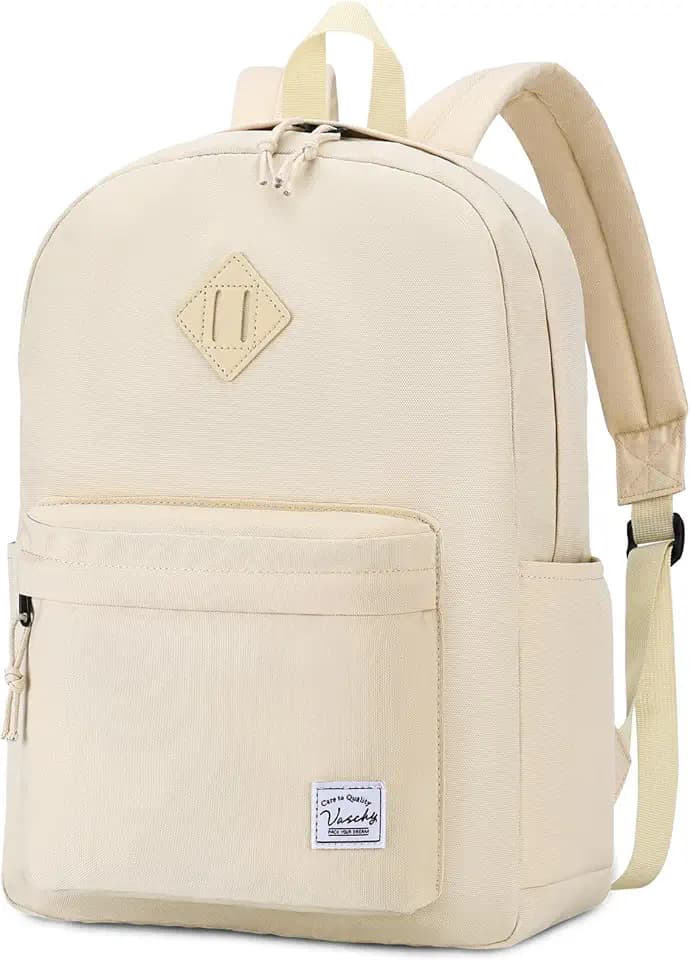 VASCHY Lightweight Backpack for School, Water Resistant Classic Bookbag with Side Pockets for Girls,Kids,Teens Beige