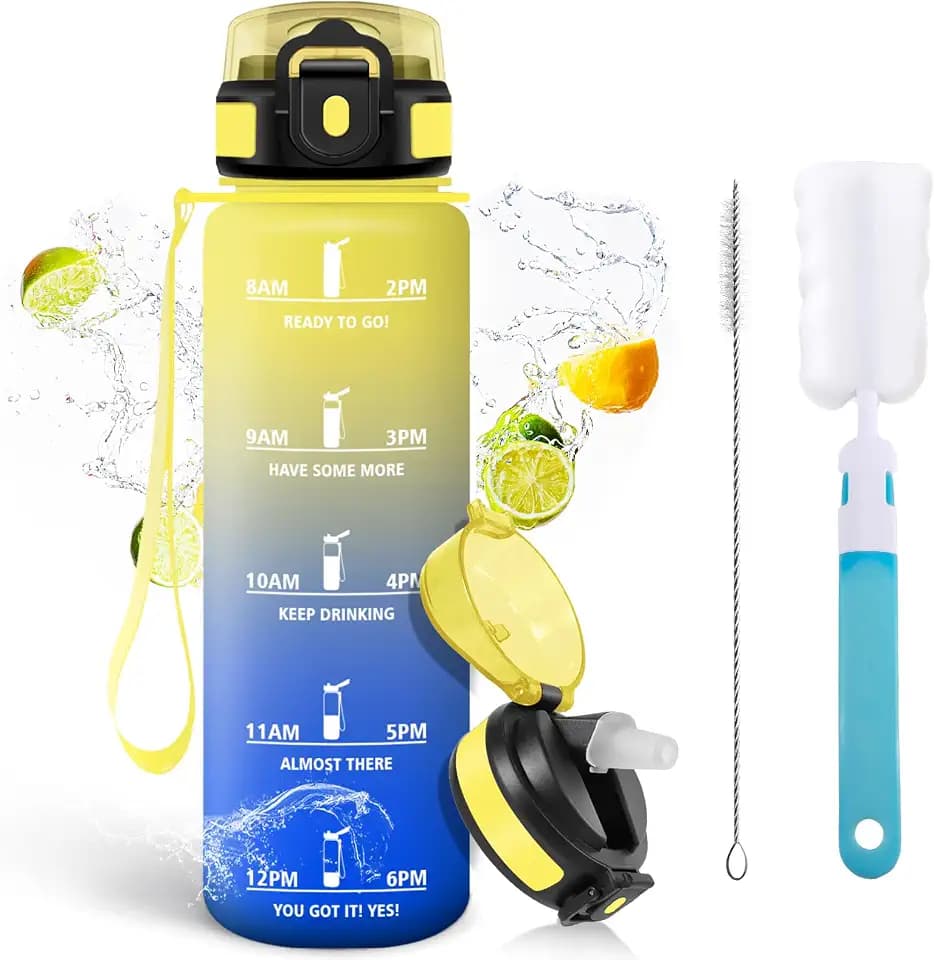 Trinkflasche 1L mit Strohhalm, Trinkflasche Kohlensäure Geeignet, mit Zeitmarkierungen, Auslaufsichere und BPA-frei, Schwammbürste, Strohbürste, Wasserflasche für Laufen, Fahrrad, Fitness