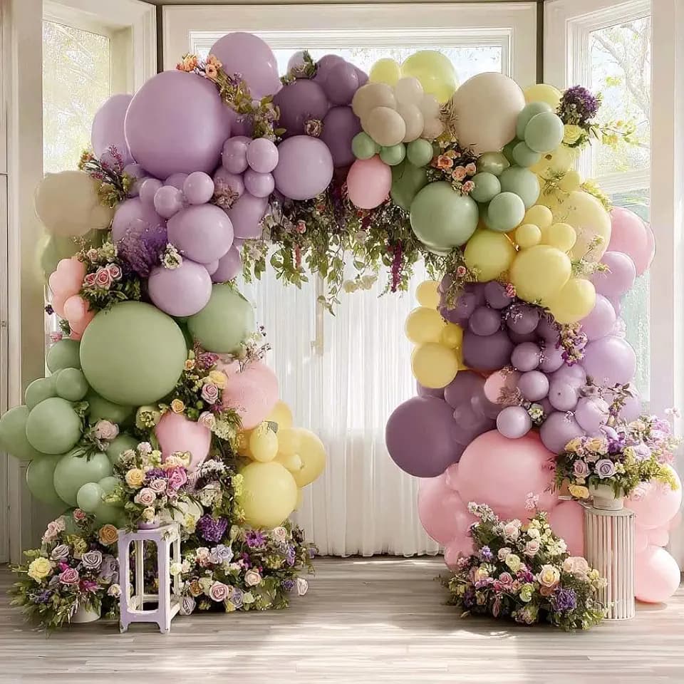 Purple Green Pink Balloon Arch Double Stuffed Dusty Green Lavender Light Yellow Sand Latex Pastel Lilac Balloon Garland Kit for Baby Shower Wedding Birthday Easter Floral in Bloom Party Decoration