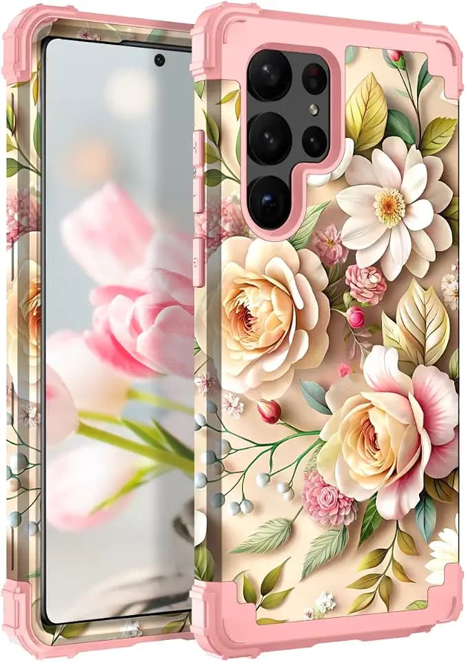 TEECOVER Heavy Duty Case for Samsung Galaxy S23 Ultra, Rose Gold Flowers
