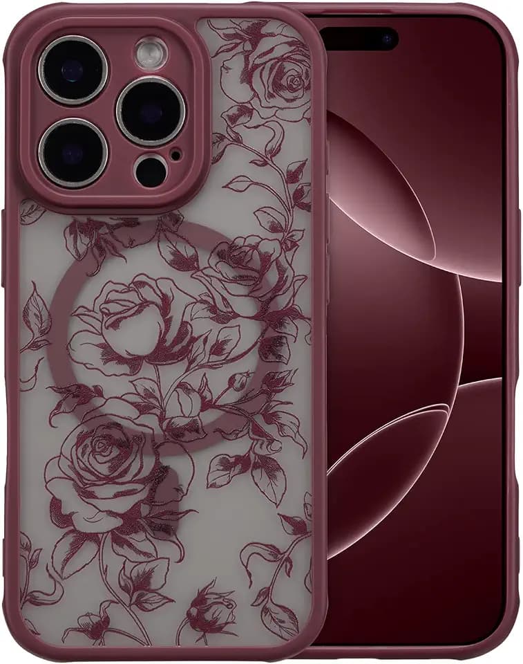 XIZYO Magnetic Case for iPhone 14 Pro Max, Branch Rose/Wine Red