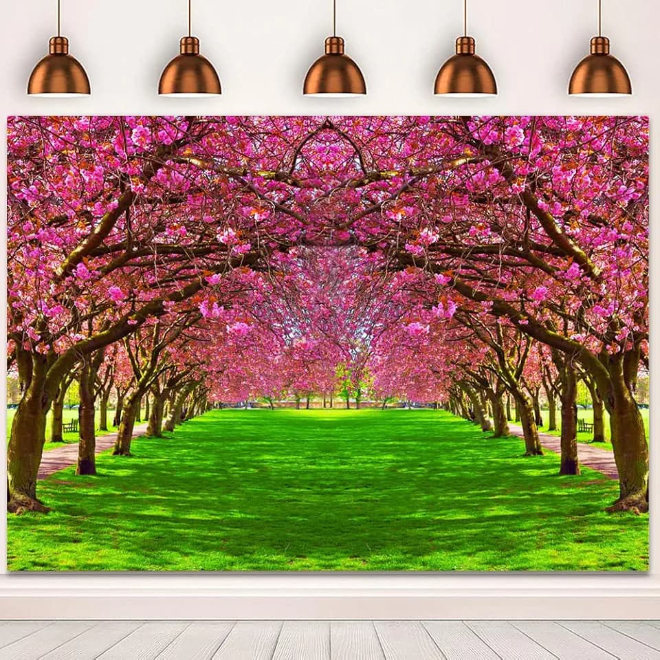8x6ft Cherry Blossom Backdrop Spring Park Scenery Cherry Flower Trees Photography Background Birthday Wedding Bridal Shower Portrait Photo Shoot Props