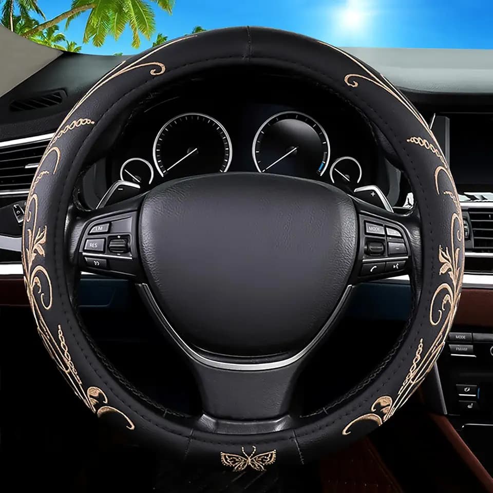 Car Leather Steering Wheel Cover - Panapi Material, Universal 14.5-15 Inch Leather Anti-Slip Breathable Auto Steering Wheel Covers for Men Women (Embroidery-Beige)