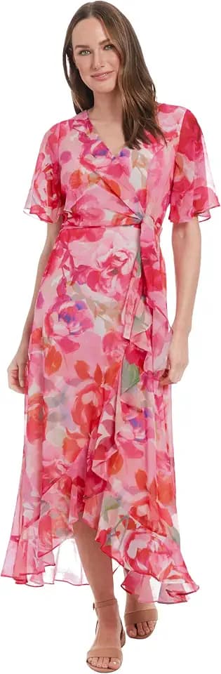 London Times Women's Watercolor Floral Wrap Maxi Dress - Elegant Chiffon Flutter Sleeve Asymmetrical Hem Cocktail Dresses