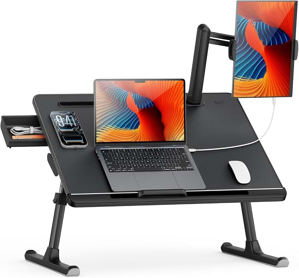 SAIJI Laptop Bed Table for Dual Screens, Lap Desk with Monitor Stand