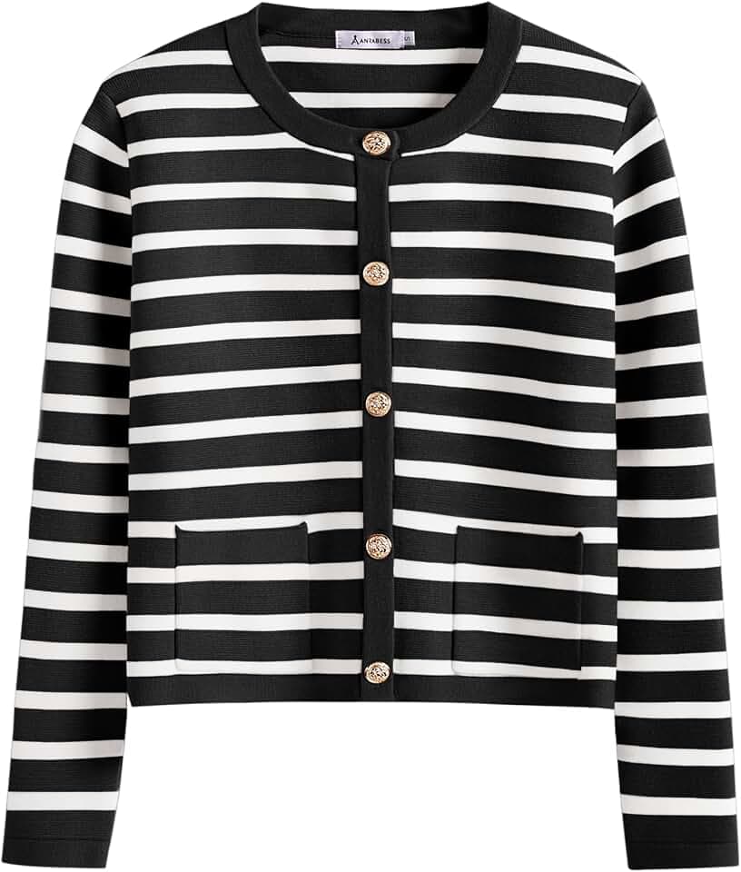 ANRABESS Women's Button Down Cropped Striped Cardigan Sweaters