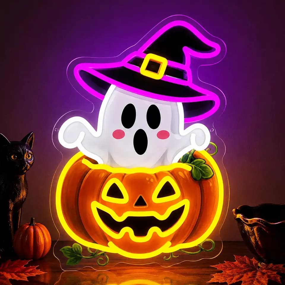 Halloween Neon Sign, Dimmable Cute Ghost Pumpkin LED Lights for Wall Decor