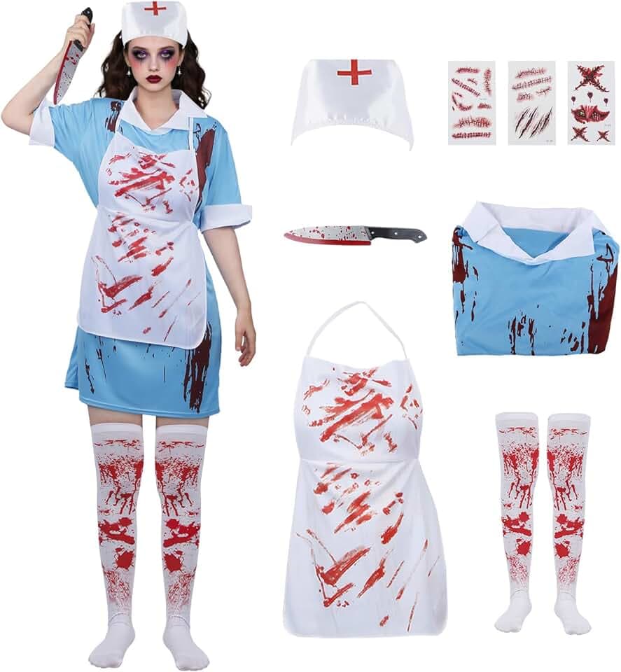Halloween Kostüm Krankenschwester Zombie, Damen Blutige Zombie Kostüm Krankenschwester mit Kleid Strümpfen Tattoo, Erwachsene Krankenhausar Uniform für Halloween Karneval Cosplay