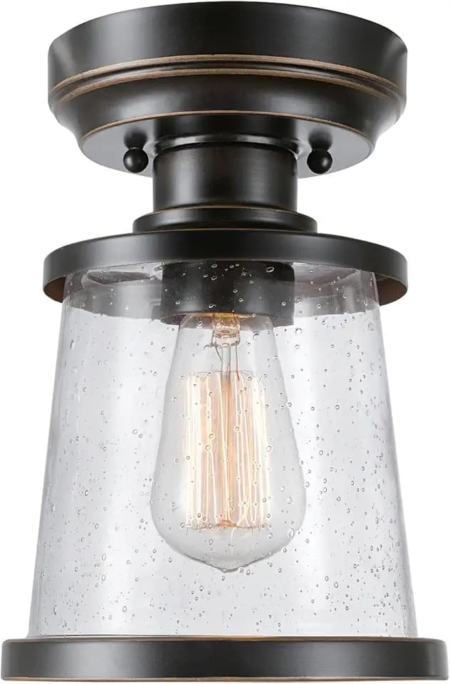 Globe Electric 44301 Charlie 1-Light Outdoor/Indoor Semi-Flush Mount Ceiling Light, Oil Rubbed Bronze, Clear Seeded Glass Shade, Bulb Not Included