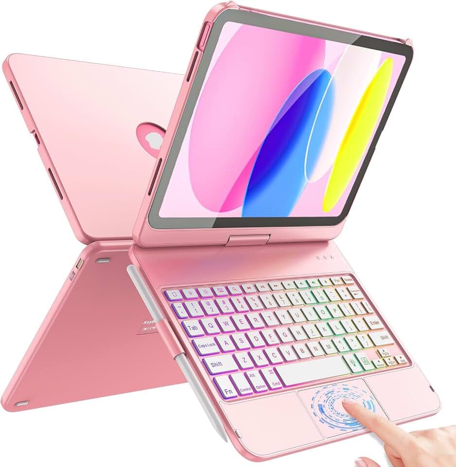 FUWANG Touch Keyboard Case for iPad A16 11th/10th Gen, 360° Rotating, Pink