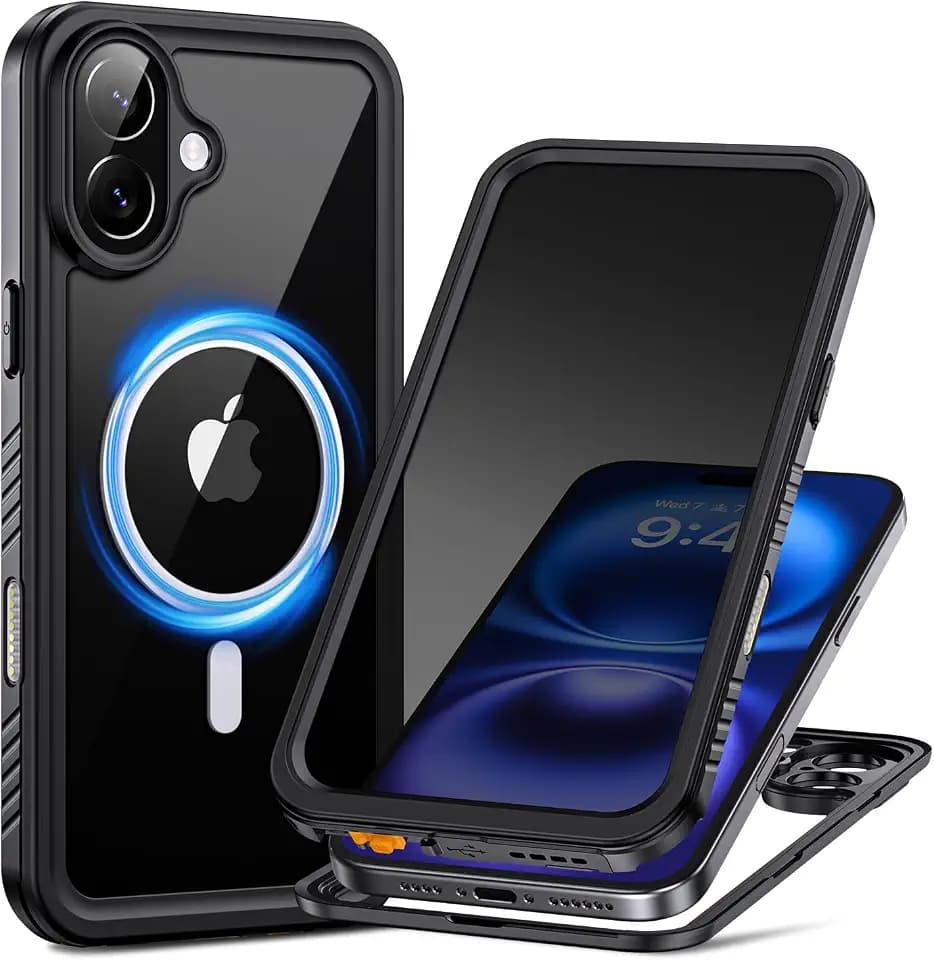 Lanhiem for iPhone 16 Privacy Case, IP68 Waterproof Dustproof Cover, [Compatible with MagSafe] [Built in Anti-Spy Screen Protector] Heavy Duty Full Body Rugged Magnetic Phone Case (Black/Clear)