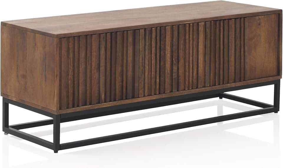 Mueble Tv 3 Puertas Laminadas Madera Maciza De Mango, Base Metal