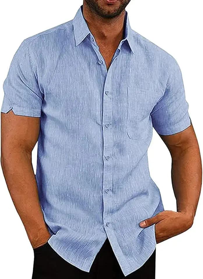 Friptspyg Leinenhemd Herren Hemd Kruzarm Baumwolle Leinen Hemden Regular Fit Freizeithemden Sommer Kurzarmhemd Casual Strandhemd mit Tasche