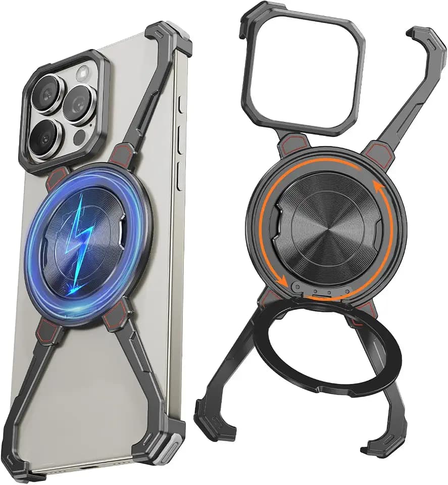 X Shape für iPhone 16 Pro Max Hülle,360° Drehbar Magnetisch Ständer,Rahmenlose Aluminium Metall Handyhülle Cover,Militär Grade Stoßfest Schutzhülle Slim Bumper Case,Grau
