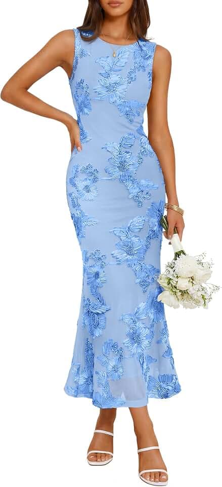 ZESICA Women's Floral Mesh Slit Bodycon Wedding Guest Cocktail Midi Dress