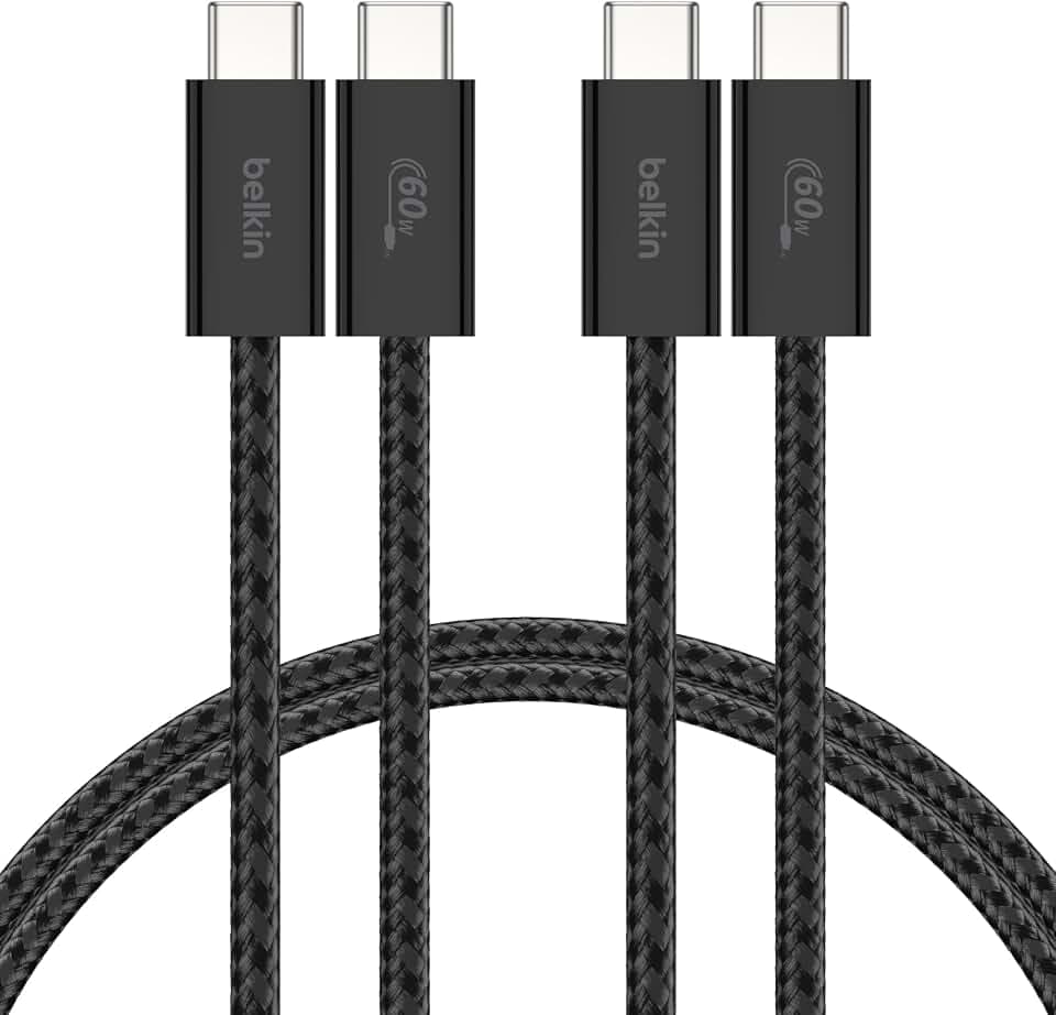 Belkin 2er-Pack geflochtenes USB-C auf USB-C Ladekabel, 1,5 m, 60W, biegsames, flexibles Schnellladekabel, USB-C kabel für iPhone 17 und 16, Galaxy S25, Pixel 10, iPad Pro usw. – Schwarz