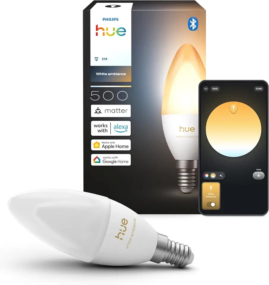 Philips Hue Smart LED-Leuchtmittel, B39, E14, 1er Pack, White Ambiance, Vollspektrumlicht 1.000 K–20.000 K, 500 lm, Extrem Niedrig Dimmbar, Alexa, Google Home, Apple Home