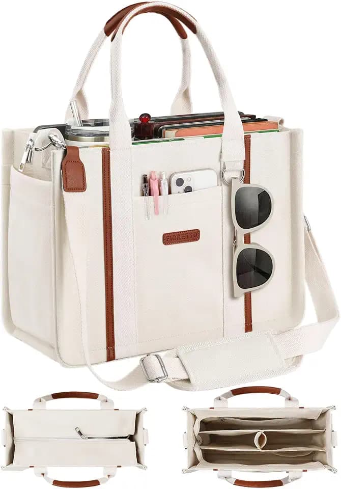 FIORETTO Women’s Canvas Tote Bag Purse with Zipper, Multi Compartment & Reinforced Bottom, Ideal for Work, Bible, Travel