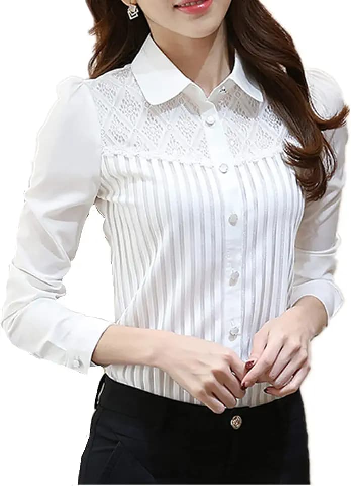 Damen-Shirt, Spitze, Rüschenausschnitt, Stehkragen, Button-Down-Bluse, langärmelig, OL Shirt Tops